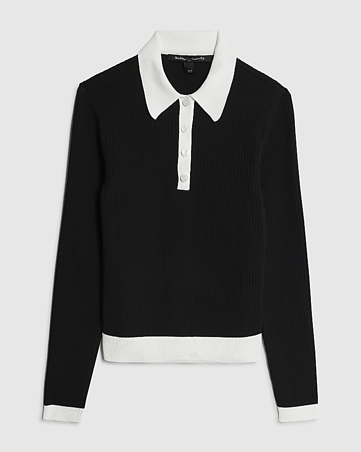 Black Long Sleeve Ribbed Polo Top