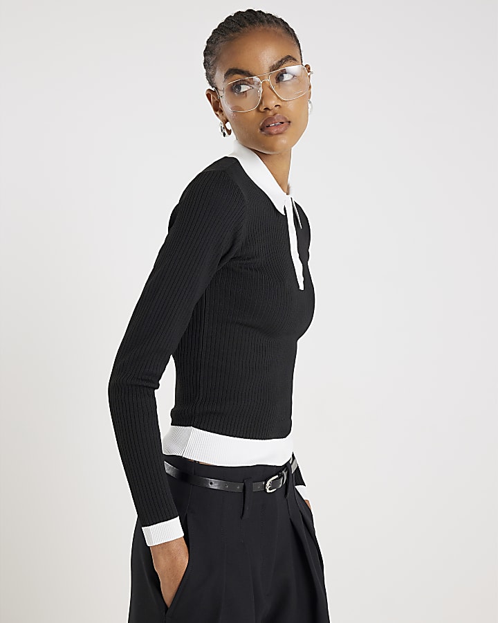 Black Long Sleeve Ribbed Polo Top