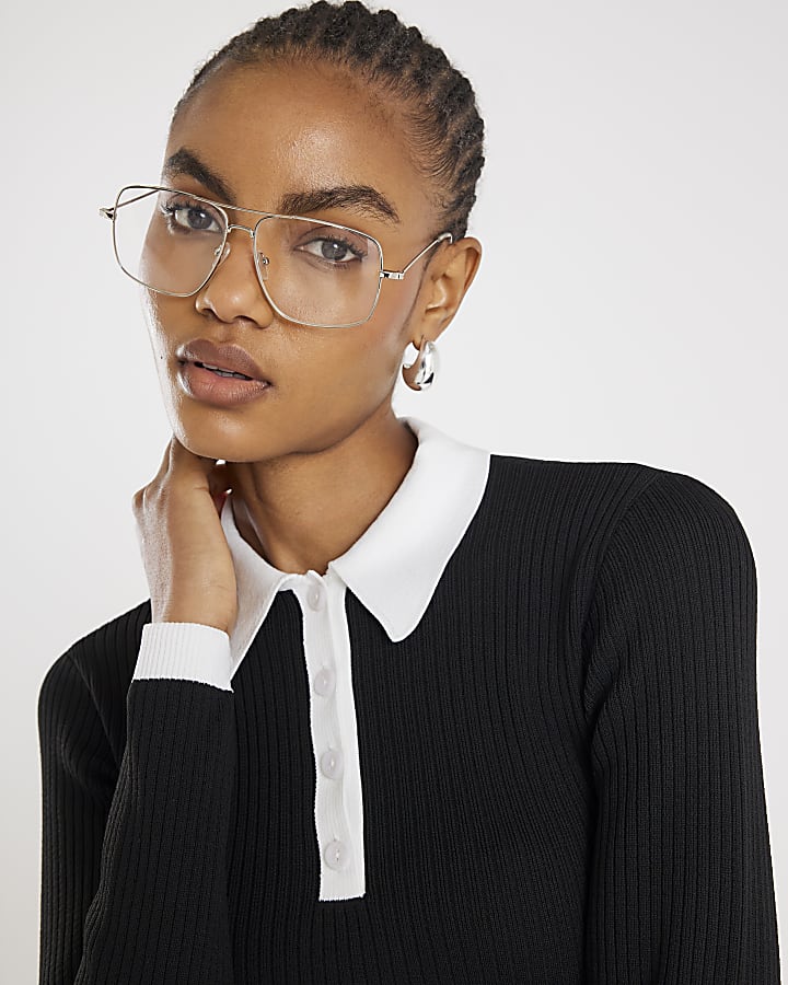 Black Long Sleeve Ribbed Polo Top