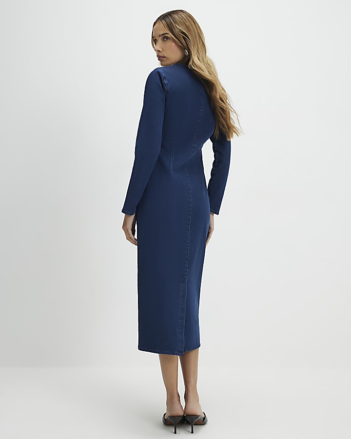 Blue Zip Through Denim Midi Dress