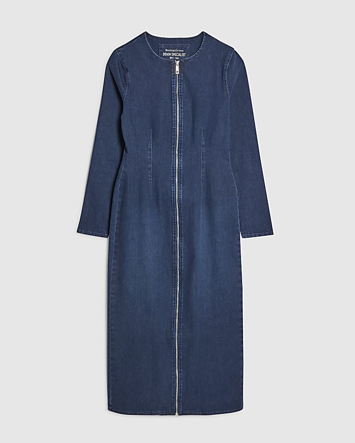 Blue Zip Through Denim Midi Dress