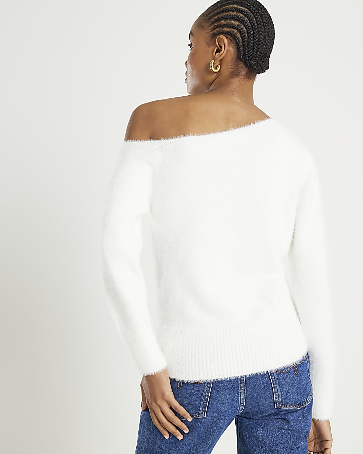 White Long Sleeve Asymmetric Fluffy Top
