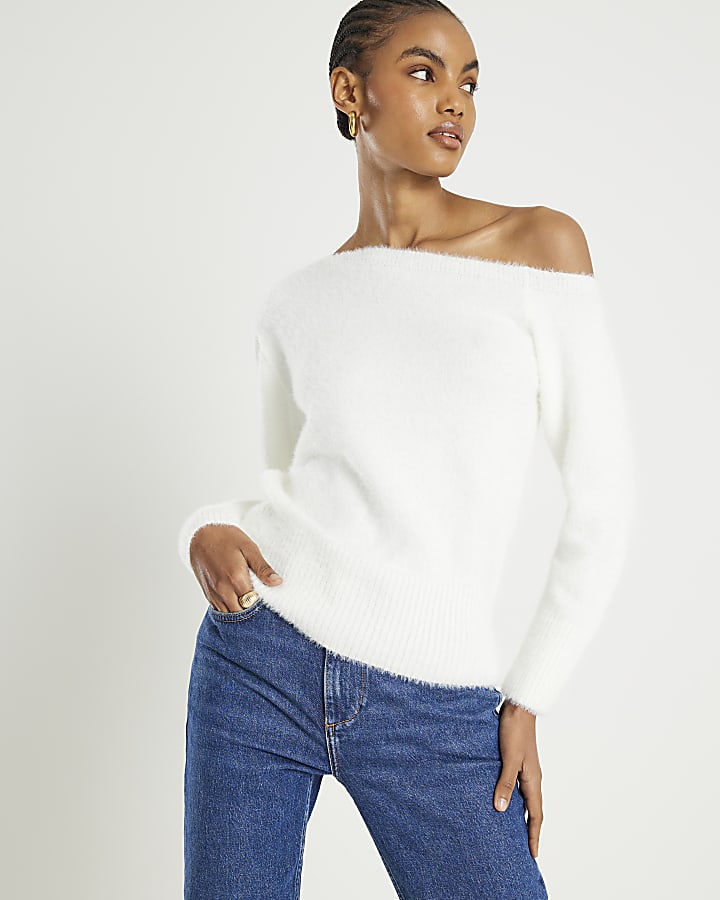 White Long Sleeve Asymmetric Fluffy Top