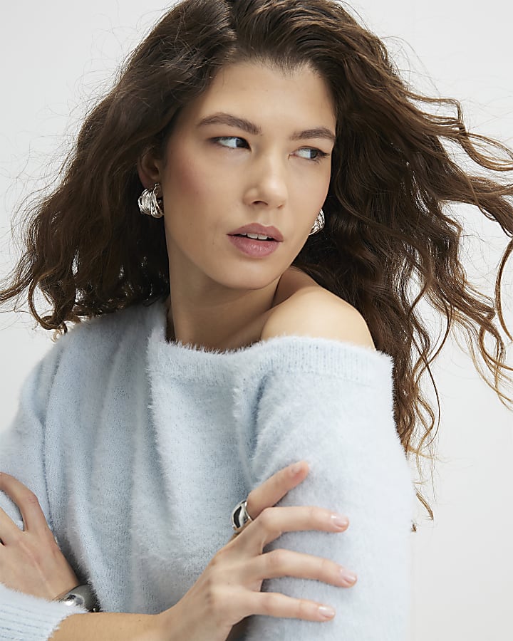 Blue Long Sleeve Asymmetric Fluffy Top