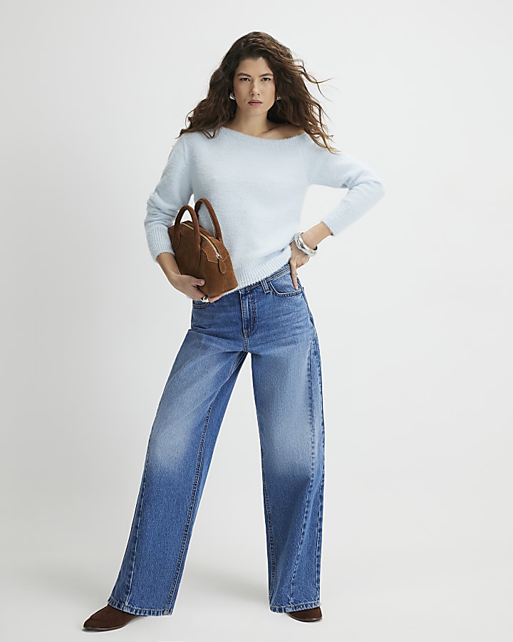 Blue Long Sleeve Asymmetric Fluffy Top