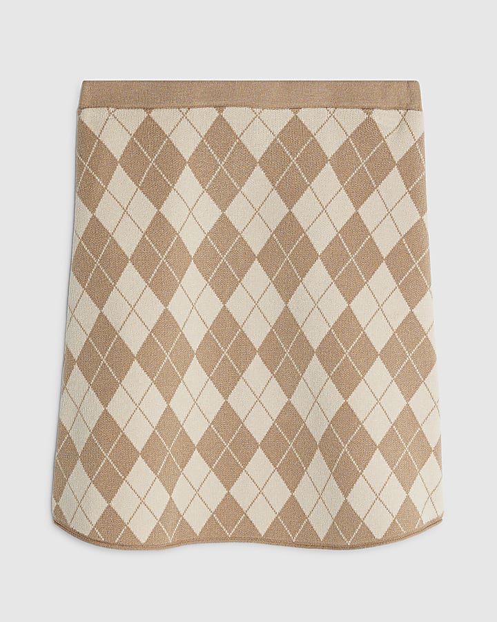 Beige Knitted Argyle Mini Skirt