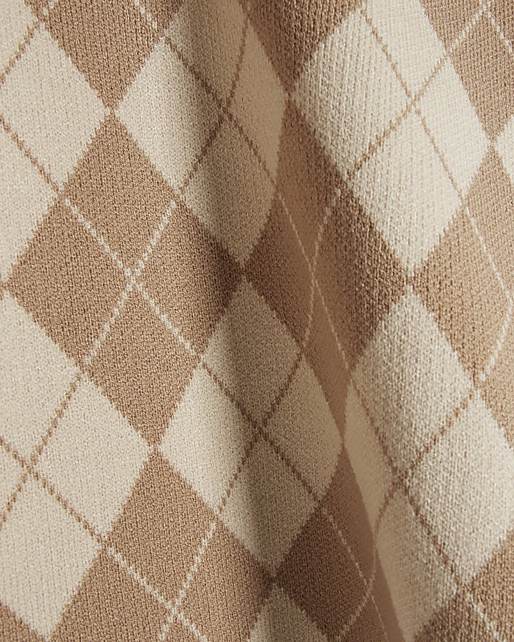 Beige Knitted Argyle Long Sleeve Top