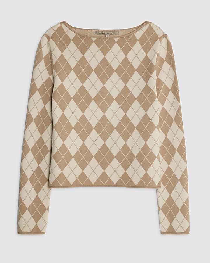 Beige Knitted Argyle Long Sleeve Top