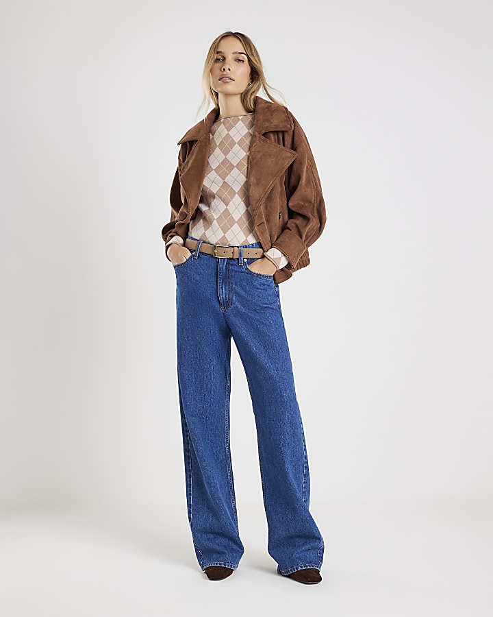 Beige Knitted Argyle Long Sleeve Top