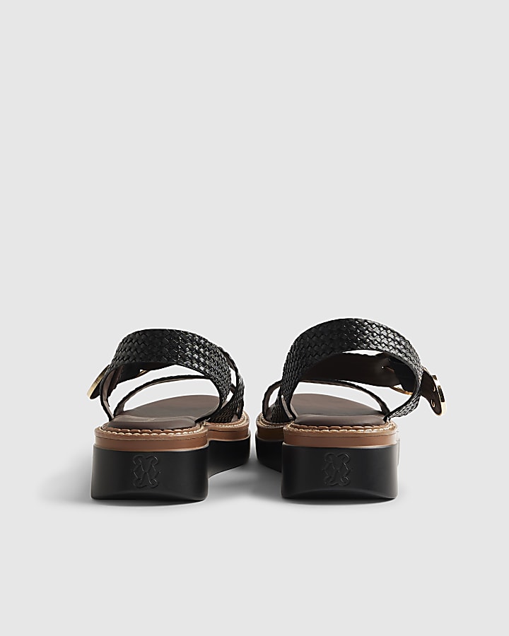Black Wide Fit Woven Buckle Flatform Sandals