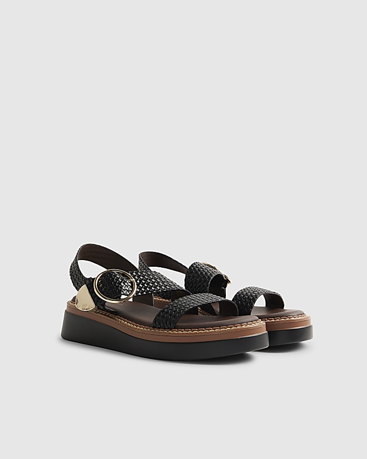 Black Wide Fit Woven Buckle Flatform Sandals
