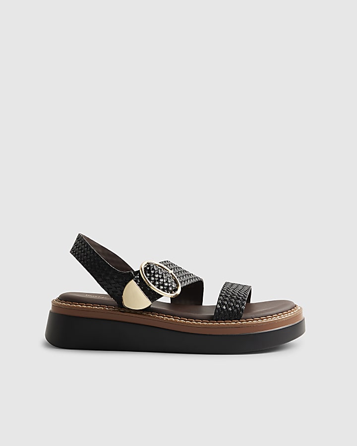 Black Wide Fit Woven Buckle Flatform Sandals