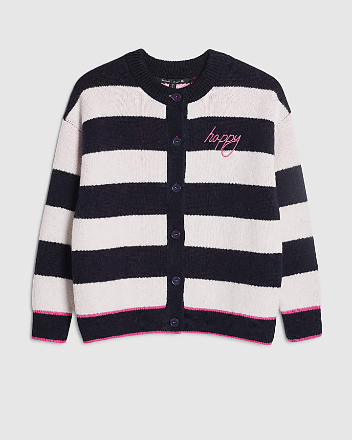 Navy Knitted Striped Happy Cardigan
