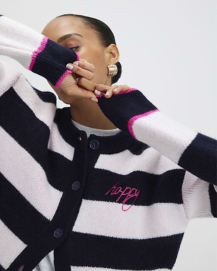 Navy Knitted Striped Happy Cardigan
