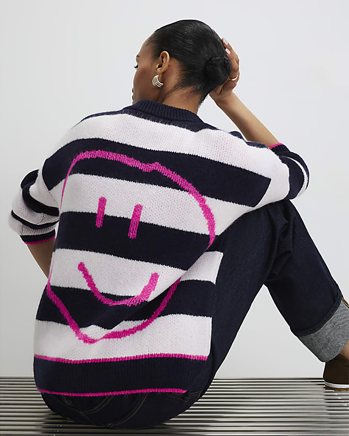Navy Knitted Striped Happy Cardigan