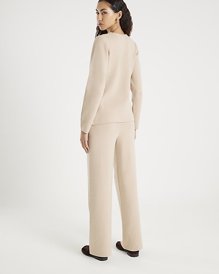 Beige Knitted Wide Leg Trousers
