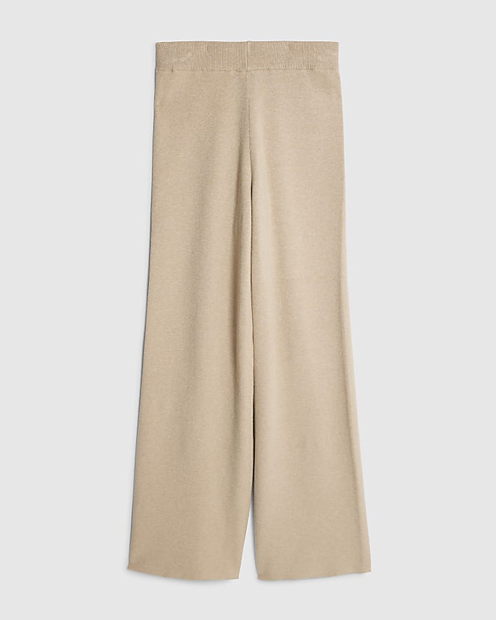 Beige Knitted Wide Leg Trousers