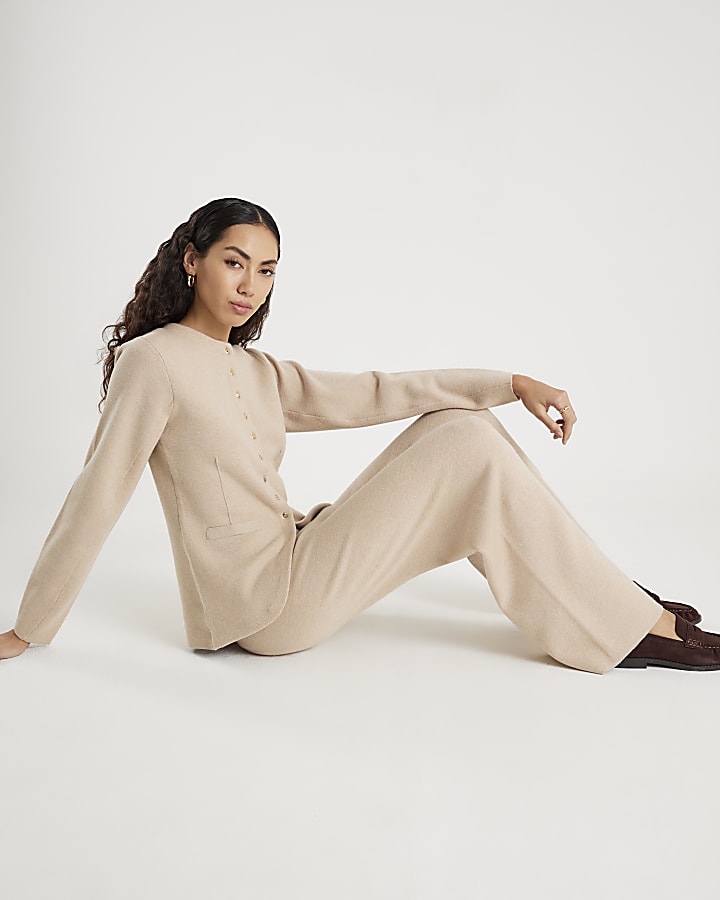 Beige Knitted Wide Leg Trousers