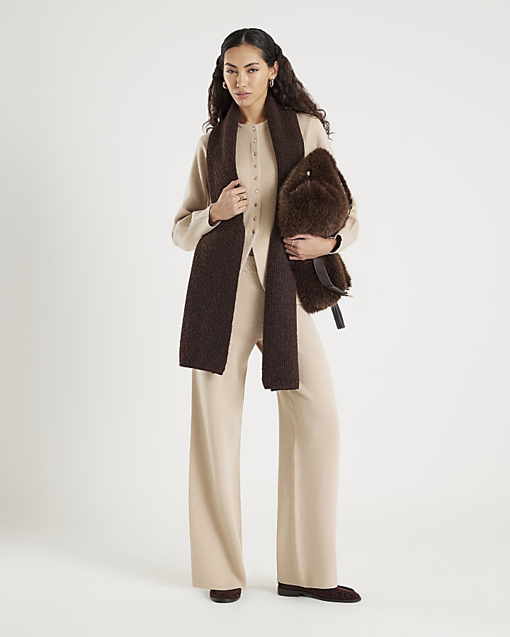 Beige Knitted Wide Leg Trousers