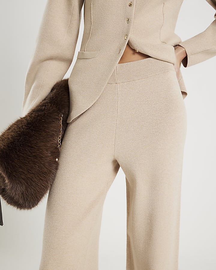 Beige Knitted Wide Leg Trousers