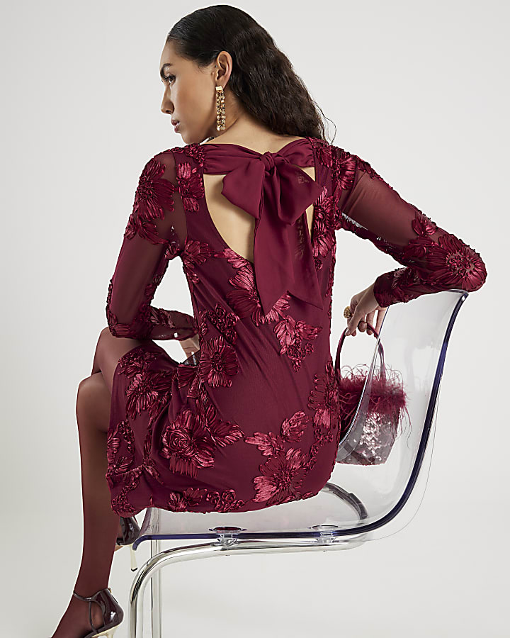 Red Long Sleeve Cornelli Mini Dress