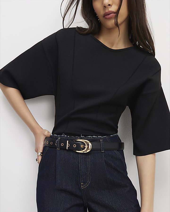 Black Knitted Short Sleeve Top