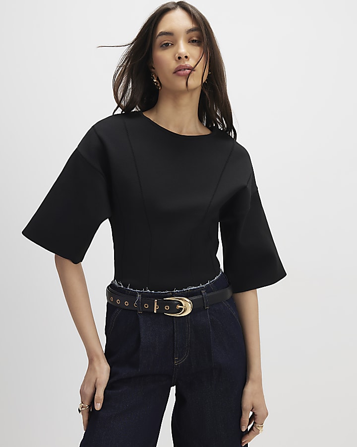 Black Knitted Short Sleeve Top