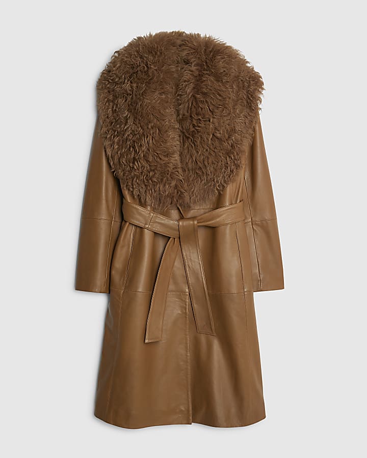 Brown Shearling Collar Leather Coat
