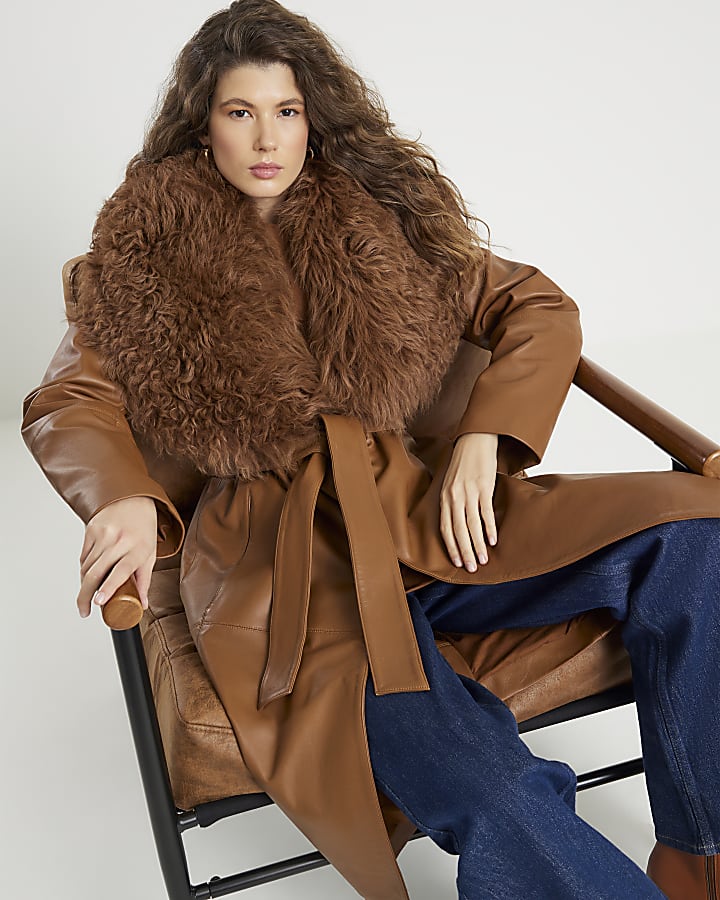 Brown Shearling Collar Leather Coat