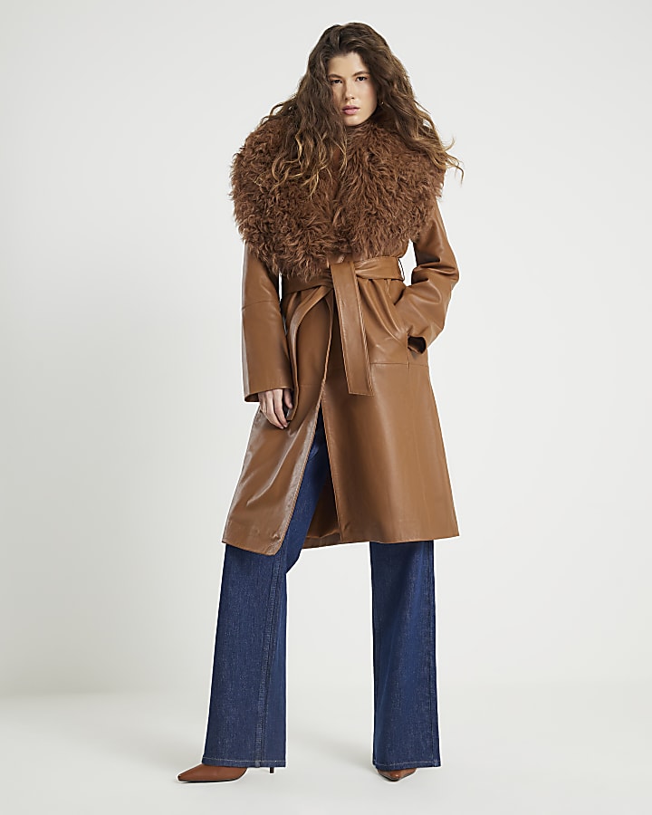 Brown Shearling Collar Leather Coat