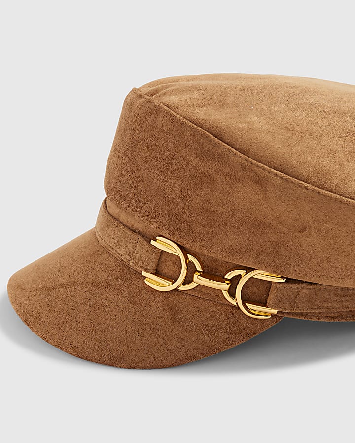 Brown Faux Suede Snaffle Baker Boy Hat
