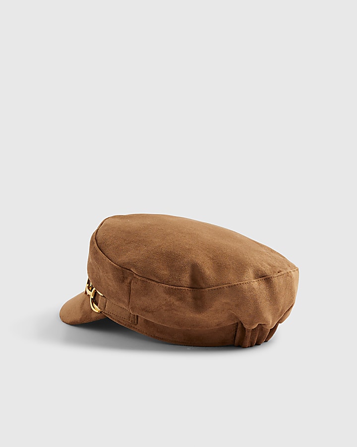 Brown Faux Suede Snaffle Baker Boy Hat