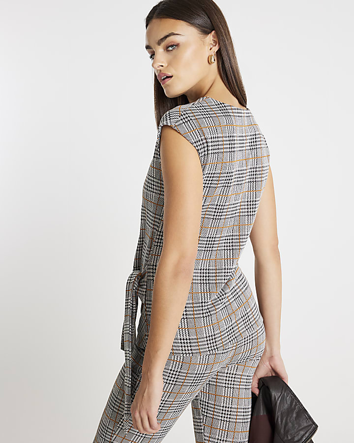 Grey Check Tie Detail Top