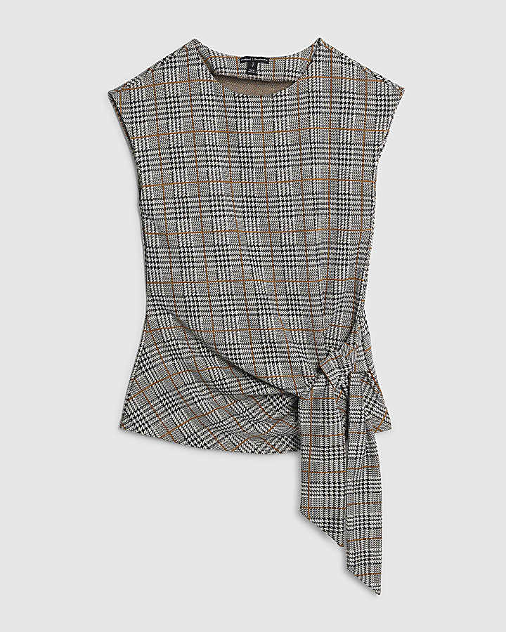 Grey Check Tie Detail Top