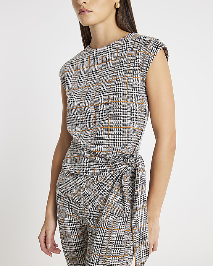Grey Check Tie Detail Top