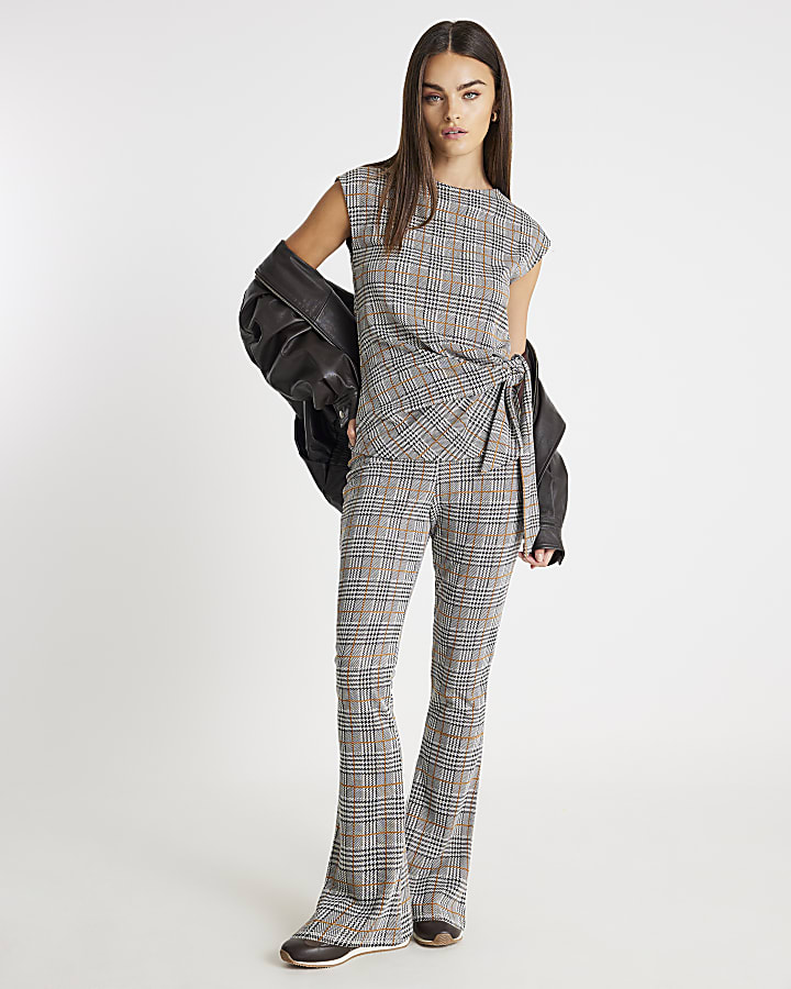 Grey Check Tie Detail Top