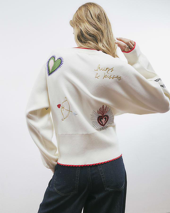 Cream Knitted Embroidered Heart Cardigan