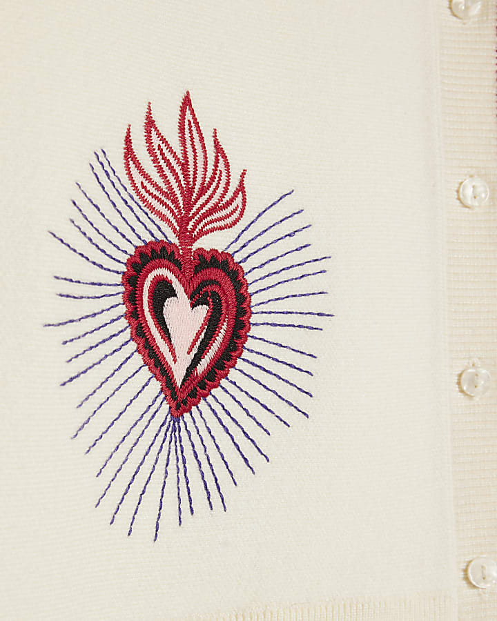 Cream Knitted Embroidered Heart Cardigan