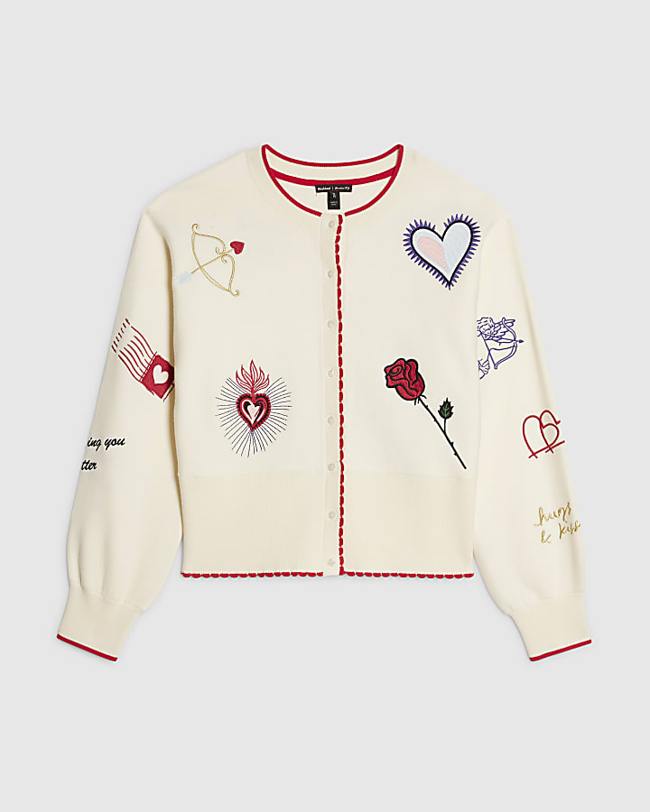 Cream Knitted Embroidered Heart Cardigan