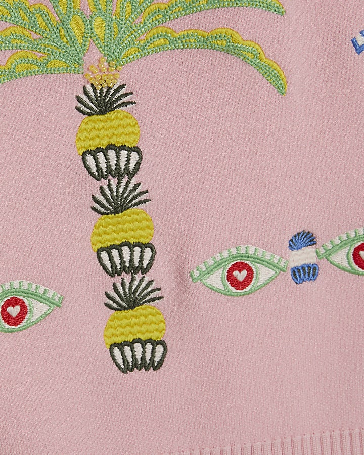 Pink Knitted Palm Tree Embroidered Tank Top