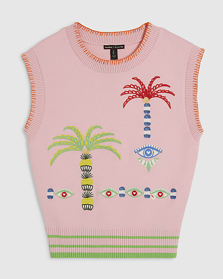 Pink Knitted Palm Tree Embroidered Tank Top