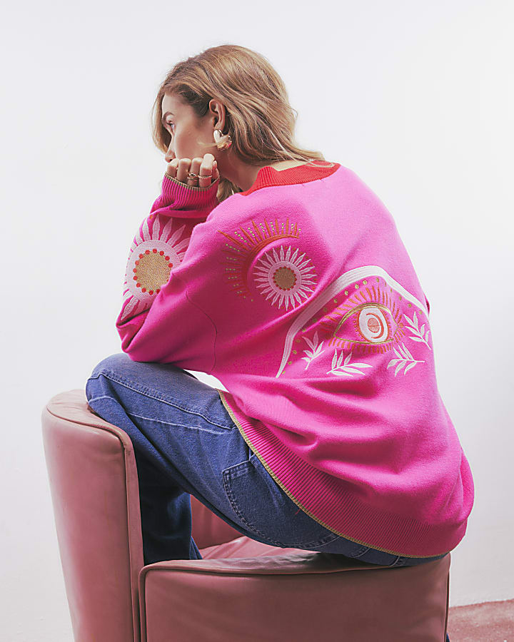 Pink Embroidered V-neck Cardigan