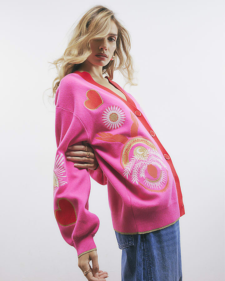 Pink Embroidered V-neck Cardigan