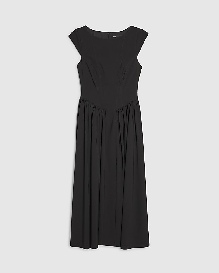 Black Short Sleeve Contoured Midi Dress