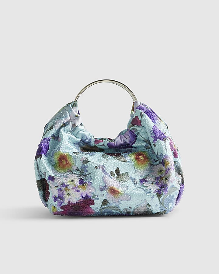 Blue Floral Embellished Grab Top Clutch Bag