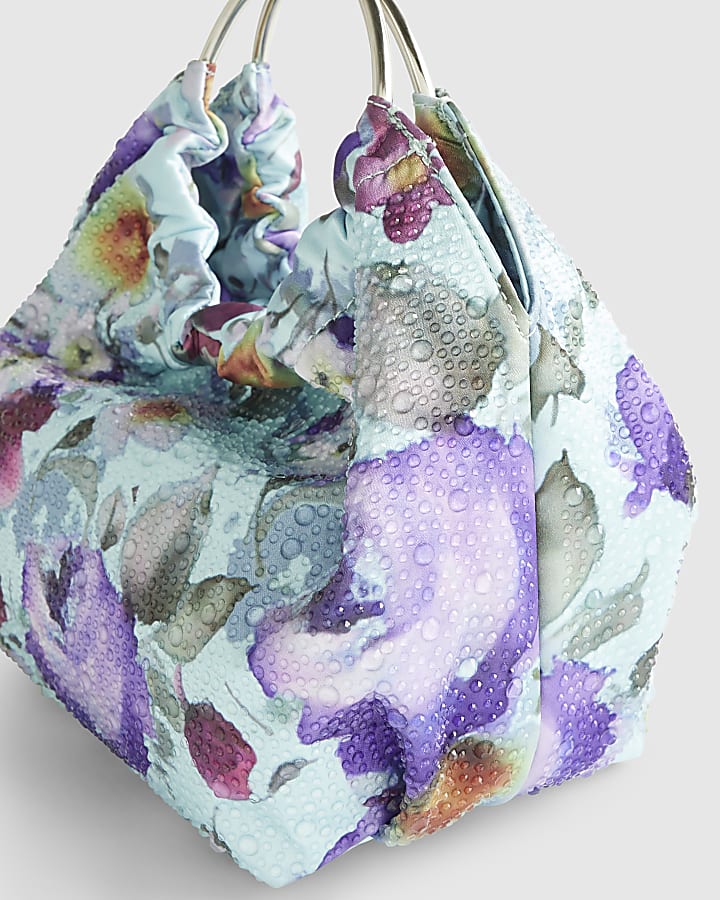 Blue Floral Embellished Grab Top Clutch Bag