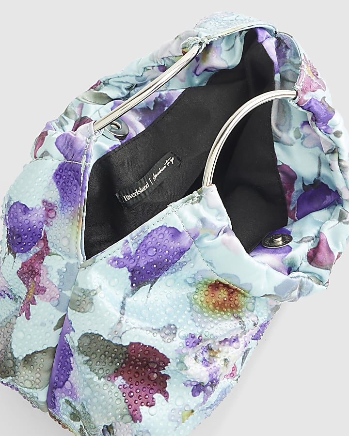 Blue Floral Embellished Grab Top Clutch Bag