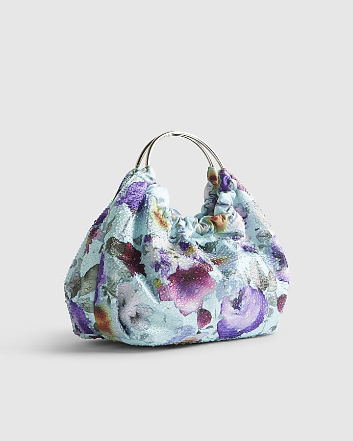 Blue Floral Embellished Grab Top Clutch Bag