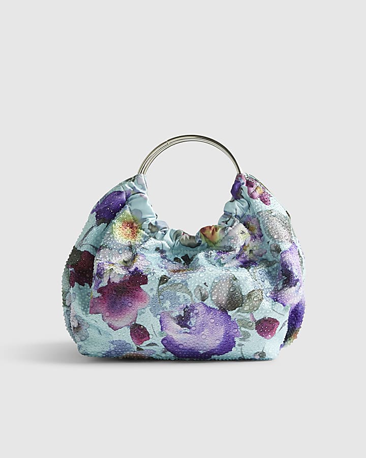 Blue Floral Embellished Grab Top Clutch Bag