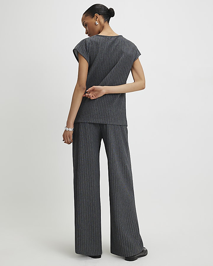 Grey Pinstripe Drawstring Wide Leg Trousers
